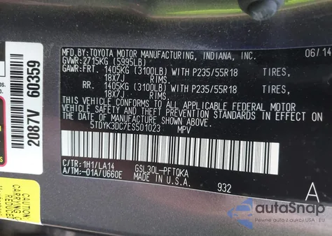 2014 Toyota Sienna Limited V6 7 Passenger из США, поврежденный, VIN 5TDYK3DC7ES501023